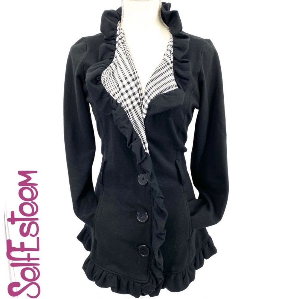 Self Esteem black ruffled peacoat size M
